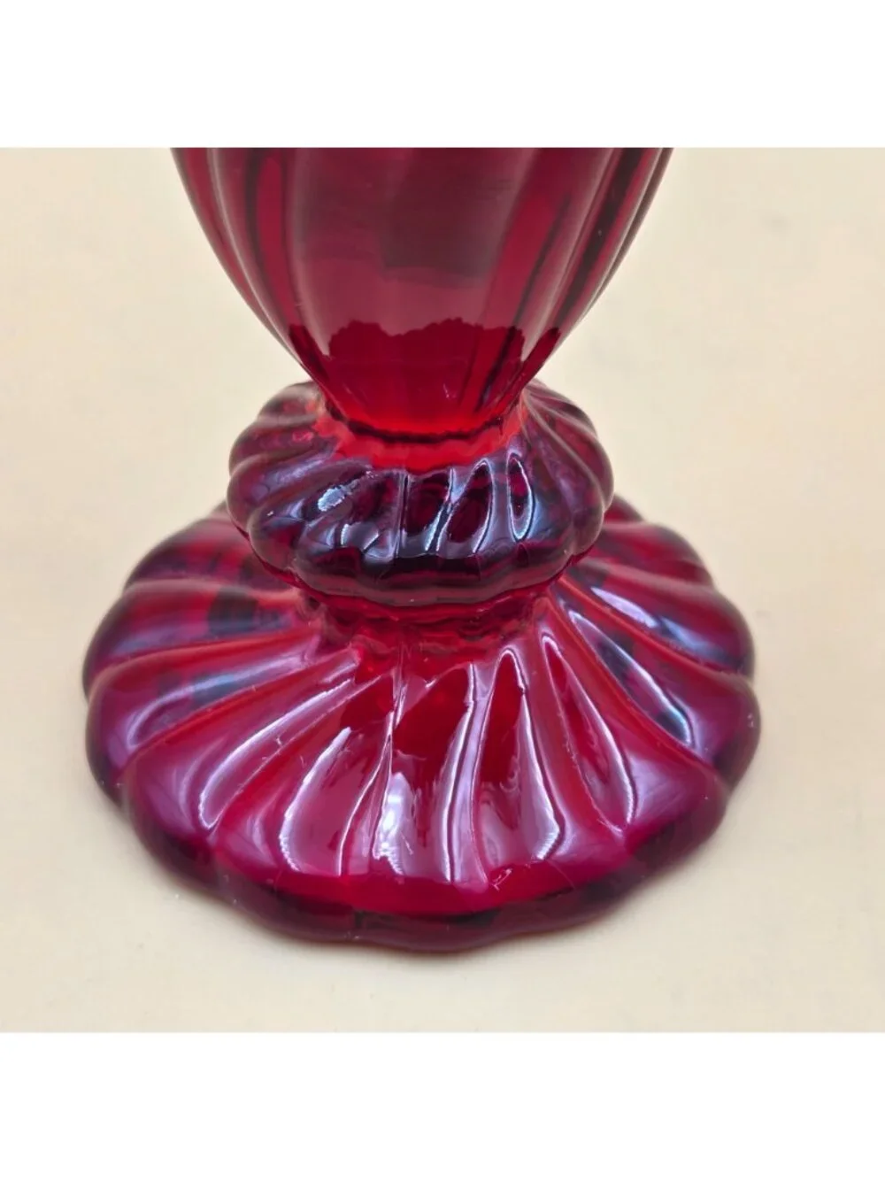 Fostoria Maypole Ruby Red Glass 6 Inch Bud Vase Swirl Footed Vintage